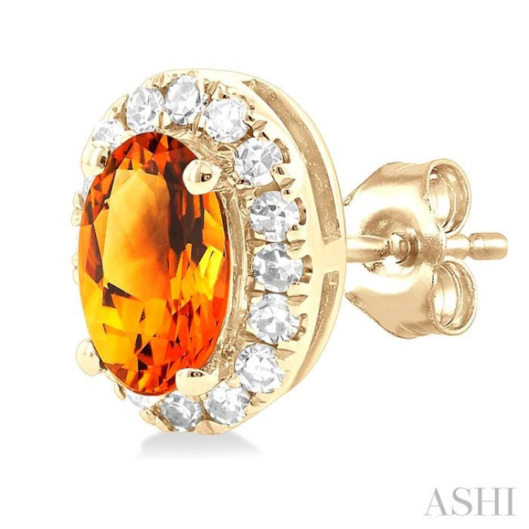 5x3 MM Oval Shape Citrine and 1/8 Ctw Single Cut Diamond Halo Semi-Precious Stud Earrings in 14K Yellow Gold 5x3 MM Oval Shape Citrine and 1/8 Ctw Single Cut Diamond Halo Semi-Precious Stud Earrings in 14K Yellow Gold