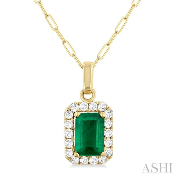 6x4 MM Octagonal Shape Emerald and 1/6 Ctw Round Cut Diamond Halo Precious Pendant with Chain in 10K Yellow Gold 6x4 MM Octagonal Shape Emerald and 1/6 Ctw Round Cut Diamond Halo Precious Pendant with Chain in 10K Yellow Gold