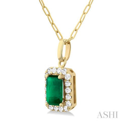 6x4 MM Octagonal Shape Emerald and 1/6 Ctw Round Cut Diamond Halo Precious Pendant with Chain in 10K Yellow Gold 6x4 MM Octagonal Shape Emerald and 1/6 Ctw Round Cut Diamond Halo Precious Pendant with Chain in 10K Yellow Gold