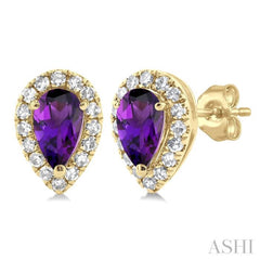5x3 MM Pear Shape Amethyst and 1/8 Ctw Single Cut Diamond Halo Semi-Precious Stud Earrings in 14K Yellow Gold 5x3 MM Pear Shape Amethyst and 1/8 Ctw Single Cut Diamond Halo Semi-Precious Stud Earrings in 14K Yellow Gold