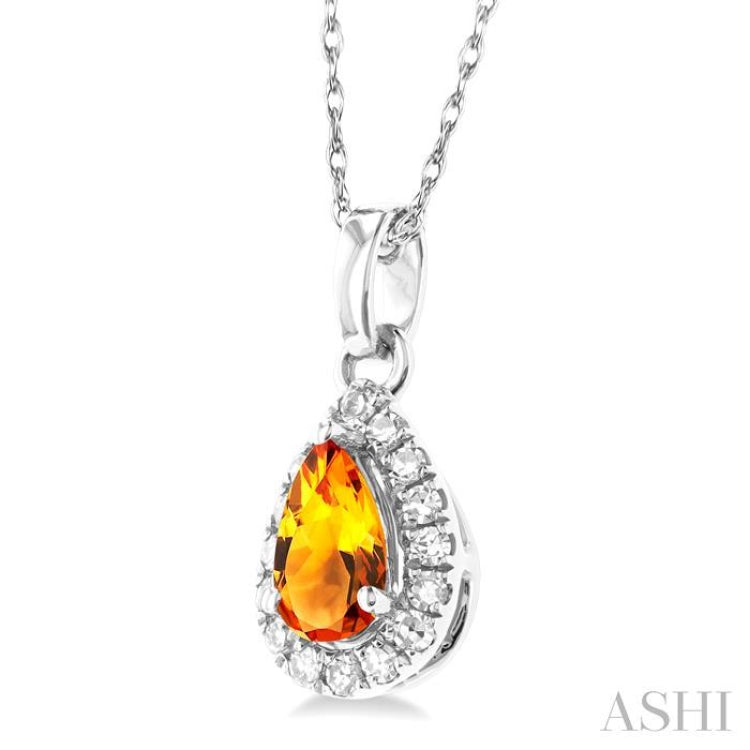5x3 MM Pear Shape Citrine and 1/20 Ctw Single Cut Diamond Halo Semi-Precious Pendant with Chain in 14K White Gold 5x3 MM Pear Shape Citrine and 1/20 Ctw Single Cut Diamond Halo Semi-Precious Pendant with Chain in 14K White Gold