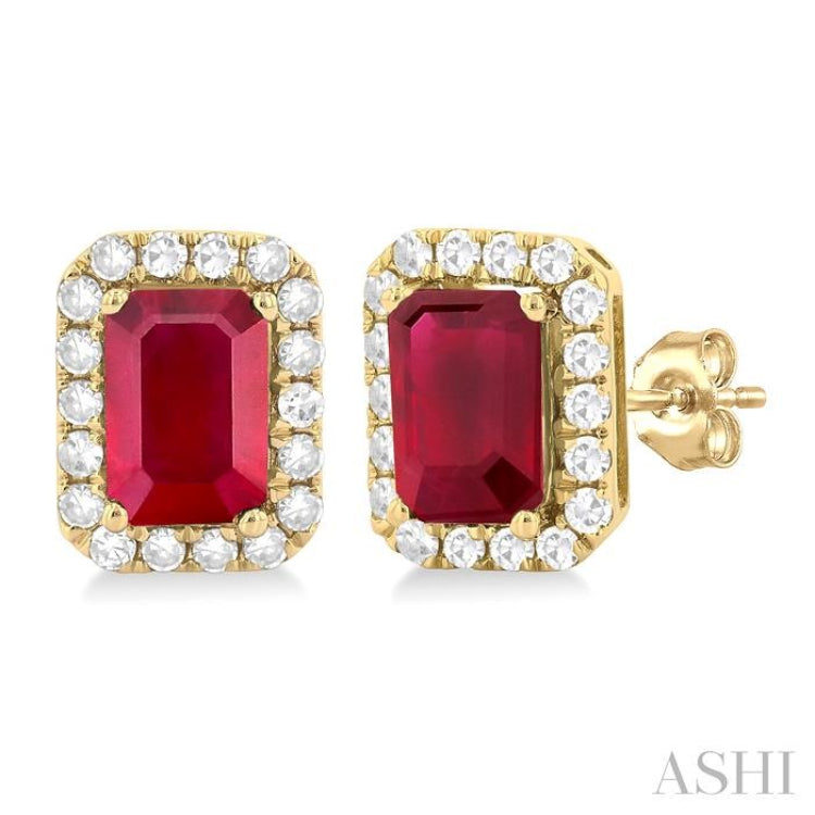 6x4 MM Octagonal Shape Ruby and 1/4 Ctw Round Cut Diamond Halo Precious Stud Earrings in 14K Yellow Gold 6x4 MM Octagonal Shape Ruby and 1/4 Ctw Round Cut Diamond Halo Precious Stud Earrings in 14K Yellow Gold
