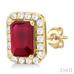 6x4 MM Octagonal Shape Ruby and 1/4 Ctw Round Cut Diamond Halo Precious Stud Earrings in 14K Yellow Gold 6x4 MM Octagonal Shape Ruby and 1/4 Ctw Round Cut Diamond Halo Precious Stud Earrings in 14K Yellow Gold