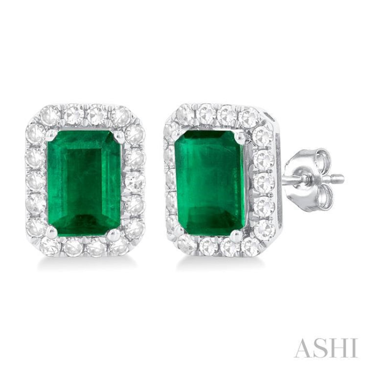 6x4 MM Octagonal Shape Emerald and 1/4 Ctw Round Cut Diamond Halo Precious Stud Earrings in 10K White Gold 6x4 MM Octagonal Shape Emerald and 1/4 Ctw Round Cut Diamond Halo Precious Stud Earrings in 10K White Gold