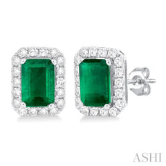 6x4 MM Octagonal Shape Emerald and 1/4 Ctw Round Cut Diamond Halo Precious Stud Earrings in 10K White Gold 6x4 MM Octagonal Shape Emerald and 1/4 Ctw Round Cut Diamond Halo Precious Stud Earrings in 10K White Gold