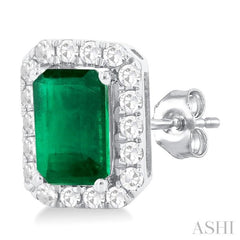 6x4 MM Octagonal Shape Emerald and 1/4 Ctw Round Cut Diamond Halo Precious Stud Earrings in 10K White Gold 6x4 MM Octagonal Shape Emerald and 1/4 Ctw Round Cut Diamond Halo Precious Stud Earrings in 10K White Gold