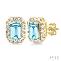 5x3 MM Octagonal Shape Aquamarine and 1/8 Ctw Single Cut Diamond Halo Semi-Precious Stud Earrings in 14K Yellow Gold 5x3 MM Octagonal Shape Aquamarine and 1/8 Ctw Single Cut Diamond Halo Semi-Precious Stud Earrings in 14K Yellow Gold