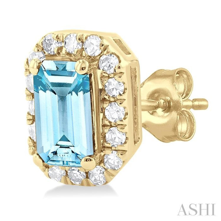 5x3 MM Octagonal Shape Aquamarine and 1/8 Ctw Single Cut Diamond Halo Semi-Precious Stud Earrings in 14K Yellow Gold 5x3 MM Octagonal Shape Aquamarine and 1/8 Ctw Single Cut Diamond Halo Semi-Precious Stud Earrings in 14K Yellow Gold