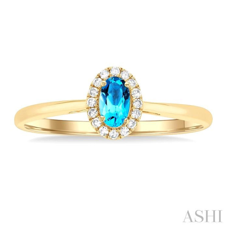 5x3 MM Oval Shape Blue Topaz and 1/20 Ctw Single Cut Diamond Halo Semi-Precious Ring in 14K Yellow Gold 5x3 MM Oval Shape Blue Topaz and 1/20 Ctw Single Cut Diamond Halo Semi-Precious Ring in 14K Yellow Gold