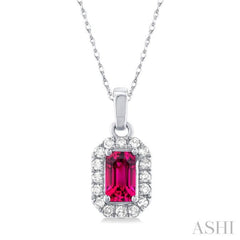 5x3 MM Octagonal Shape Pink Tourmaline and 1/20 Ctw Single Cut Diamond Halo Semi-Precious Pendant with Chain in 14K White Gold 5x3 MM Octagonal Shape Pink Tourmaline and 1/20 Ctw Single Cut Diamond Halo Semi-Precious Pendant with Chain in 14K White Gold