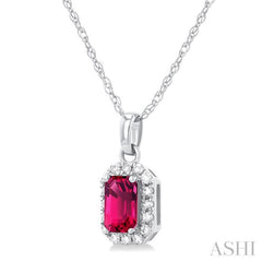 5x3 MM Octagonal Shape Pink Tourmaline and 1/20 Ctw Single Cut Diamond Halo Semi-Precious Pendant with Chain in 14K White Gold 5x3 MM Octagonal Shape Pink Tourmaline and 1/20 Ctw Single Cut Diamond Halo Semi-Precious Pendant with Chain in 14K White Gold