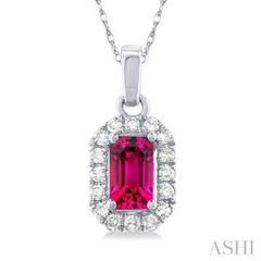 5x3 MM Octagonal Shape Pink Tourmaline and 1/20 Ctw Single Cut Diamond Halo Semi-Precious Pendant with Chain in 14K White Gold 5x3 MM Octagonal Shape Pink Tourmaline and 1/20 Ctw Single Cut Diamond Halo Semi-Precious Pendant with Chain in 14K White Gold