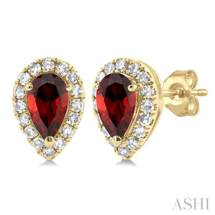 5x3 MM Pear Shape Garnet and 1/8 Ctw Single Cut Diamond Halo Semi-Precious Stud Earrings in 10K Yellow Gold 5x3 MM Pear Shape Garnet and 1/8 Ctw Single Cut Diamond Halo Semi-Precious Stud Earrings in 10K Yellow Gold