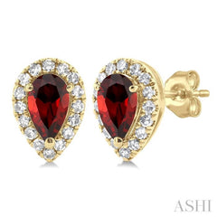 5x3 MM Pear Shape Garnet and 1/8 Ctw Single Cut Diamond Halo Semi-Precious Stud Earrings in 10K Yellow Gold 5x3 MM Pear Shape Garnet and 1/8 Ctw Single Cut Diamond Halo Semi-Precious Stud Earrings in 10K Yellow Gold