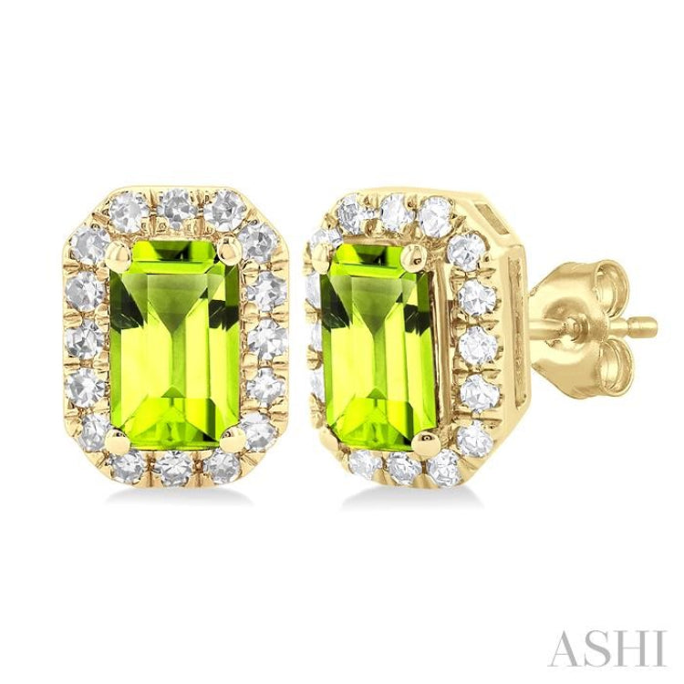 5x3 MM Octagonal Shape Peridot and 1/8 Ctw Single Cut Diamond Halo Semi-Precious Stud Earrings in 14K Yellow Gold 5x3 MM Octagonal Shape Peridot and 1/8 Ctw Single Cut Diamond Halo Semi-Precious Stud Earrings in 14K Yellow Gold
