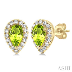 5x3 MM Pear Shape Peridot and 1/8 Ctw Single Cut Diamond Halo Semi-Precious Stud Earrings in 14K Yellow Gold 5x3 MM Pear Shape Peridot and 1/8 Ctw Single Cut Diamond Halo Semi-Precious Stud Earrings in 14K Yellow Gold