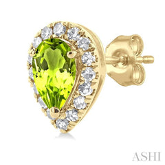 5x3 MM Pear Shape Peridot and 1/8 Ctw Single Cut Diamond Halo Semi-Precious Stud Earrings in 14K Yellow Gold 5x3 MM Pear Shape Peridot and 1/8 Ctw Single Cut Diamond Halo Semi-Precious Stud Earrings in 14K Yellow Gold
