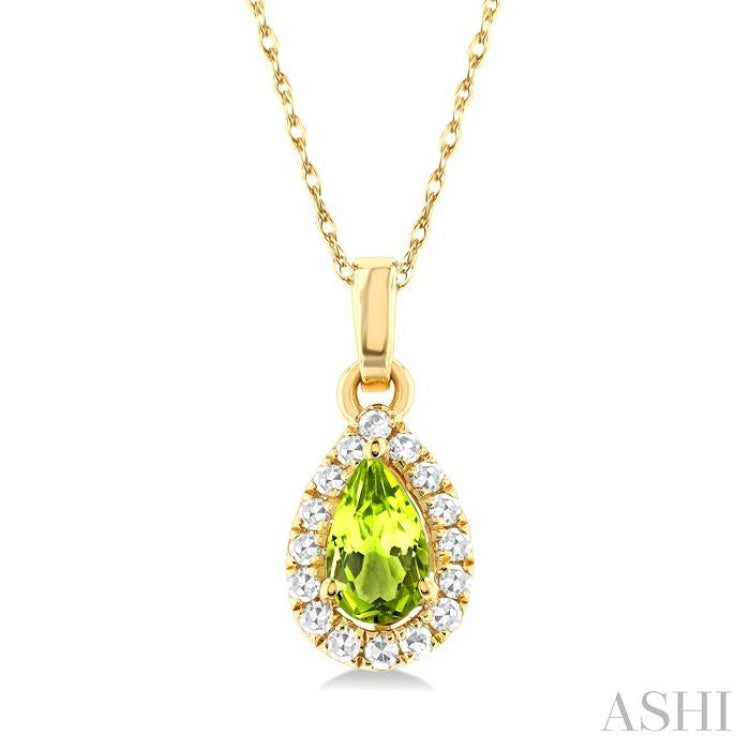 5x3 MM Pear Shape Peridot and 1/20 Ctw Single Cut Diamond Halo Semi-Precious Pendant with Chain in 10K Yellow Gold 5x3 MM Pear Shape Peridot and 1/20 Ctw Single Cut Diamond Halo Semi-Precious Pendant with Chain in 10K Yellow Gold