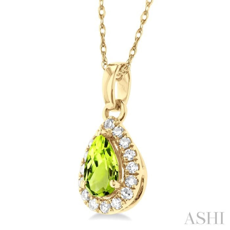 5x3 MM Pear Shape Peridot and 1/20 Ctw Single Cut Diamond Halo Semi-Precious Pendant with Chain in 10K Yellow Gold 5x3 MM Pear Shape Peridot and 1/20 Ctw Single Cut Diamond Halo Semi-Precious Pendant with Chain in 10K Yellow Gold