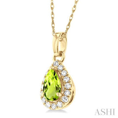 5x3 MM Pear Shape Peridot and 1/20 Ctw Single Cut Diamond Halo Semi-Precious Pendant with Chain in 10K Yellow Gold 5x3 MM Pear Shape Peridot and 1/20 Ctw Single Cut Diamond Halo Semi-Precious Pendant with Chain in 10K Yellow Gold
