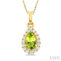 5x3 MM Pear Shape Peridot and 1/20 Ctw Single Cut Diamond Halo Semi-Precious Pendant with Chain in 10K Yellow Gold 5x3 MM Pear Shape Peridot and 1/20 Ctw Single Cut Diamond Halo Semi-Precious Pendant with Chain in 10K Yellow Gold