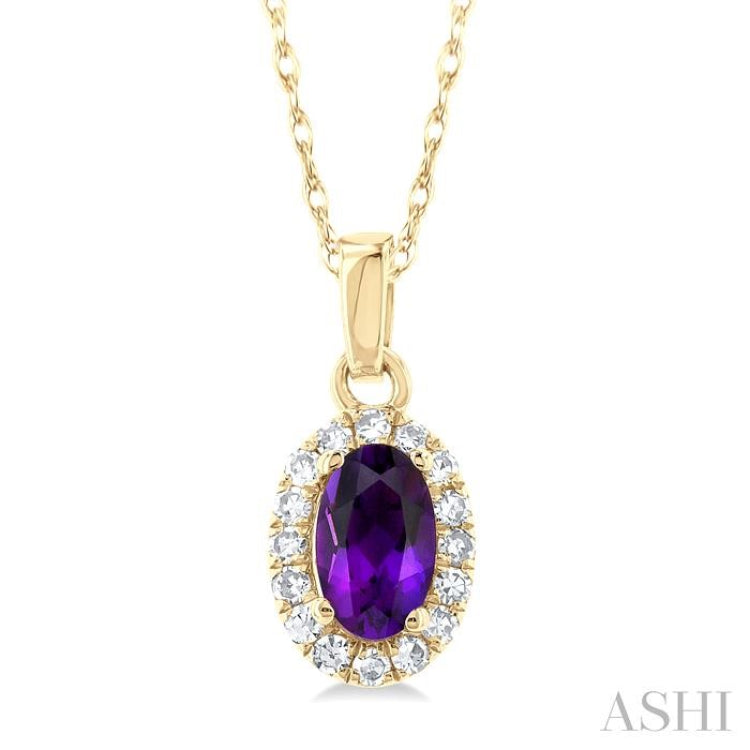 5x3 MM Oval Shape Amethyst and 1/20 Ctw Single Cut Diamond Halo Semi-Precious Pendant with Chain in 14K Yellow Gold 5x3 MM Oval Shape Amethyst and 1/20 Ctw Single Cut Diamond Halo Semi-Precious Pendant with Chain in 14K Yellow Gold