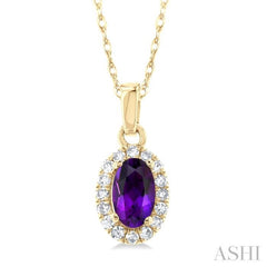5x3 MM Oval Shape Amethyst and 1/20 Ctw Single Cut Diamond Halo Semi-Precious Pendant with Chain in 14K Yellow Gold 5x3 MM Oval Shape Amethyst and 1/20 Ctw Single Cut Diamond Halo Semi-Precious Pendant with Chain in 14K Yellow Gold