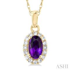 5x3 MM Oval Shape Amethyst and 1/20 Ctw Single Cut Diamond Halo Semi-Precious Pendant with Chain in 14K Yellow Gold 5x3 MM Oval Shape Amethyst and 1/20 Ctw Single Cut Diamond Halo Semi-Precious Pendant with Chain in 14K Yellow Gold