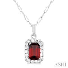 6x4 MM Octagonal Shape Garnet and 1/6 Ctw Round Cut Diamond Halo Semi-Precious Pendant with Chain in 10K White Gold 6x4 MM Octagonal Shape Garnet and 1/6 Ctw Round Cut Diamond Halo Semi-Precious Pendant with Chain in 10K White Gold