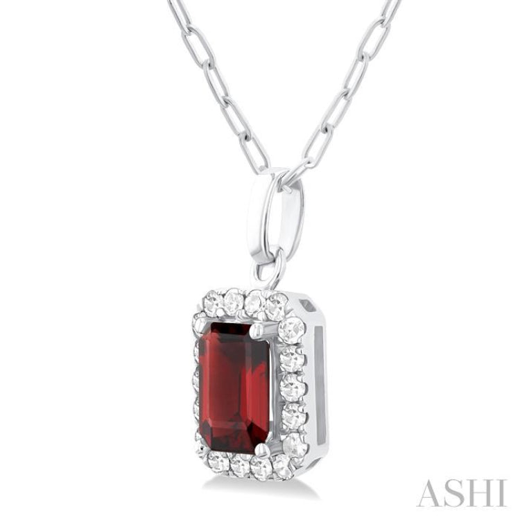 6x4 MM Octagonal Shape Garnet and 1/6 Ctw Round Cut Diamond Halo Semi-Precious Pendant with Chain in 10K White Gold 6x4 MM Octagonal Shape Garnet and 1/6 Ctw Round Cut Diamond Halo Semi-Precious Pendant with Chain in 10K White Gold