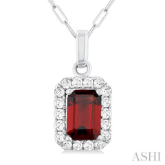 6x4 MM Octagonal Shape Garnet and 1/6 Ctw Round Cut Diamond Halo Semi-Precious Pendant with Chain in 10K White Gold 6x4 MM Octagonal Shape Garnet and 1/6 Ctw Round Cut Diamond Halo Semi-Precious Pendant with Chain in 10K White Gold