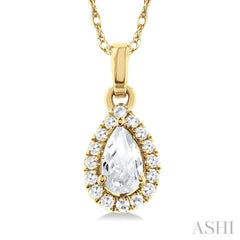 5x3 MM Pear Shape White Topaz and 1/20 Ctw Single Cut Diamond Halo Semi-Precious Pendant with Chain in 10K Yellow Gold 5x3 MM Pear Shape White Topaz and 1/20 Ctw Single Cut Diamond Halo Semi-Precious Pendant with Chain in 10K Yellow Gold