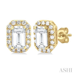 5x3 MM Octagonal Shape White Topaz and 1/8 Ctw Single Cut Diamond Halo Semi-Precious Stud Earrings in 10K Yellow Gold 5x3 MM Octagonal Shape White Topaz and 1/8 Ctw Single Cut Diamond Halo Semi-Precious Stud Earrings in 10K Yellow Gold