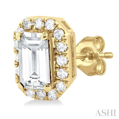 5x3 MM Octagonal Shape White Topaz and 1/8 Ctw Single Cut Diamond Halo Semi-Precious Stud Earrings in 10K Yellow Gold 5x3 MM Octagonal Shape White Topaz and 1/8 Ctw Single Cut Diamond Halo Semi-Precious Stud Earrings in 10K Yellow Gold