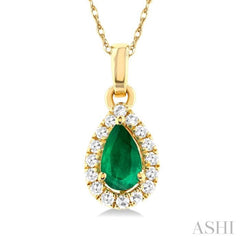 5x3 MM Pear Shape Emerald and 1/20 Ctw Single Cut Diamond Halo Precious Pendant with Chain in 14K Yellow Gold 5x3 MM Pear Shape Emerald and 1/20 Ctw Single Cut Diamond Halo Precious Pendant with Chain in 14K Yellow Gold