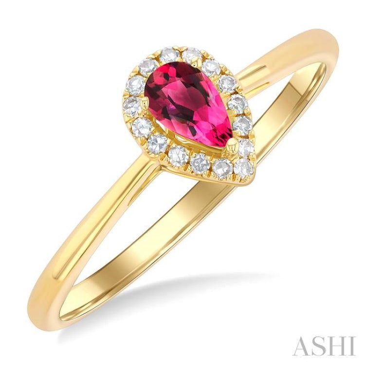 5x3 MM Pear Shape Pink Tourmaline and 1/20 Ctw Single Cut Diamond Halo Semi-Precious Ring in 14K Yellow Gold 5x3 MM Pear Shape Pink Tourmaline and 1/20 Ctw Single Cut Diamond Halo Semi-Precious Ring in 14K Yellow Gold