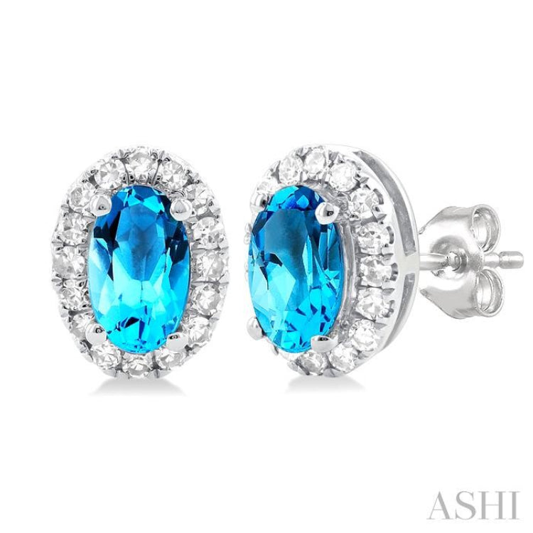 5x3 MM Oval Shape Blue Topaz and 1/8 Ctw Single Cut Diamond Halo Semi-Precious Stud Earrings in 10K White Gold 5x3 MM Oval Shape Blue Topaz and 1/8 Ctw Single Cut Diamond Halo Semi-Precious Stud Earrings in 10K White Gold