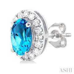 5x3 MM Oval Shape Blue Topaz and 1/8 Ctw Single Cut Diamond Halo Semi-Precious Stud Earrings in 10K White Gold 5x3 MM Oval Shape Blue Topaz and 1/8 Ctw Single Cut Diamond Halo Semi-Precious Stud Earrings in 10K White Gold