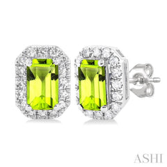 5x3 MM Octagonal Shape Peridot and 1/8 Ctw Single Cut Diamond Halo Semi-Precious Stud Earrings in 10K White Gold 5x3 MM Octagonal Shape Peridot and 1/8 Ctw Single Cut Diamond Halo Semi-Precious Stud Earrings in 10K White Gold