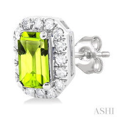 5x3 MM Octagonal Shape Peridot and 1/8 Ctw Single Cut Diamond Halo Semi-Precious Stud Earrings in 10K White Gold 5x3 MM Octagonal Shape Peridot and 1/8 Ctw Single Cut Diamond Halo Semi-Precious Stud Earrings in 10K White Gold