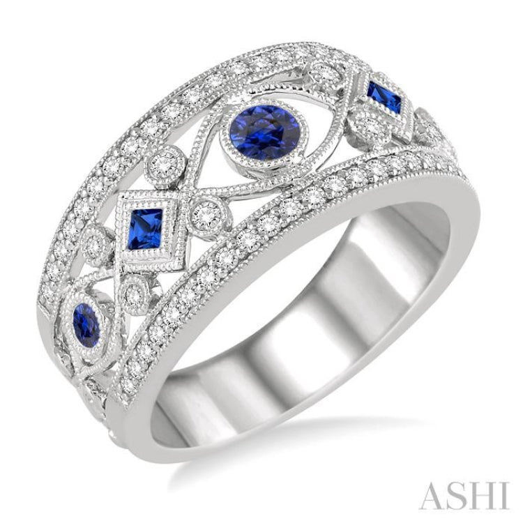 1/3 Ctw Round Cut Diamond and Princess & Round Cut Sapphire Precious Band in 14K White Gold 1/3 Ctw Round Cut Diamond and Princess & Round Cut Sapphire Precious Band in 14K White Gold