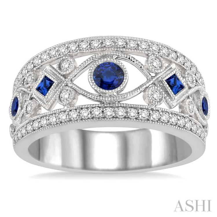 1/3 Ctw Round Cut Diamond and Princess & Round Cut Sapphire Precious Band in 14K White Gold 1/3 Ctw Round Cut Diamond and Princess & Round Cut Sapphire Precious Band in 14K White Gold