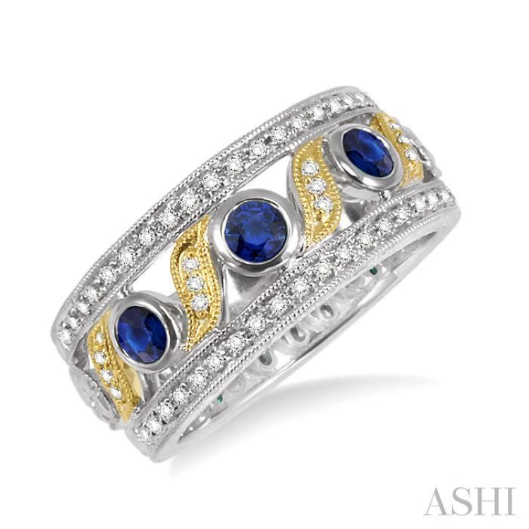 3 MM Diamond cut Round Sapphire and 1/6 Ctw Round Cut Diamond Precious Fashion Band in 14K White and Yellow Gold 3 MM Diamond cut Round Sapphire and 1/6 Ctw Round Cut Diamond Precious Fashion Band in 14K White and Yellow Gold