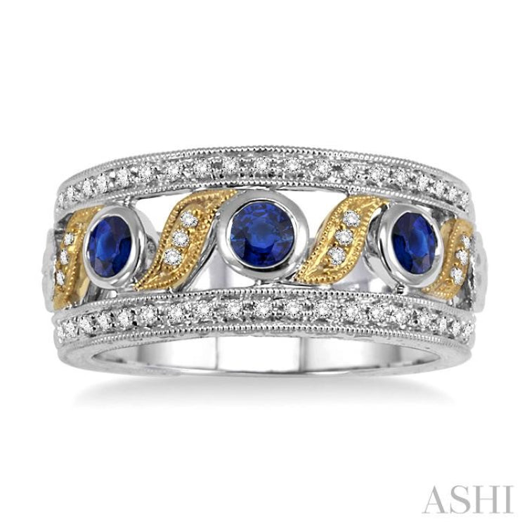 3 MM Diamond cut Round Sapphire and 1/6 Ctw Round Cut Diamond Precious Fashion Band in 14K White and Yellow Gold 3 MM Diamond cut Round Sapphire and 1/6 Ctw Round Cut Diamond Precious Fashion Band in 14K White and Yellow Gold
