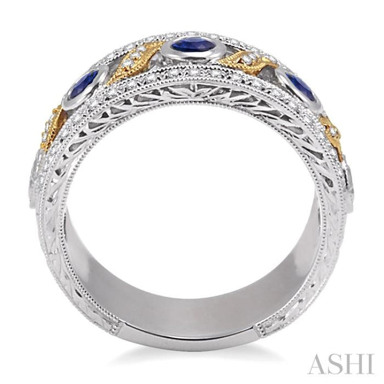 3 MM Diamond cut Round Sapphire and 1/6 Ctw Round Cut Diamond Precious Fashion Band in 14K White and Yellow Gold 3 MM Diamond cut Round Sapphire and 1/6 Ctw Round Cut Diamond Precious Fashion Band in 14K White and Yellow Gold