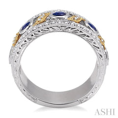 3 MM Diamond cut Round Sapphire and 1/6 Ctw Round Cut Diamond Precious Fashion Band in 14K White and Yellow Gold 3 MM Diamond cut Round Sapphire and 1/6 Ctw Round Cut Diamond Precious Fashion Band in 14K White and Yellow Gold