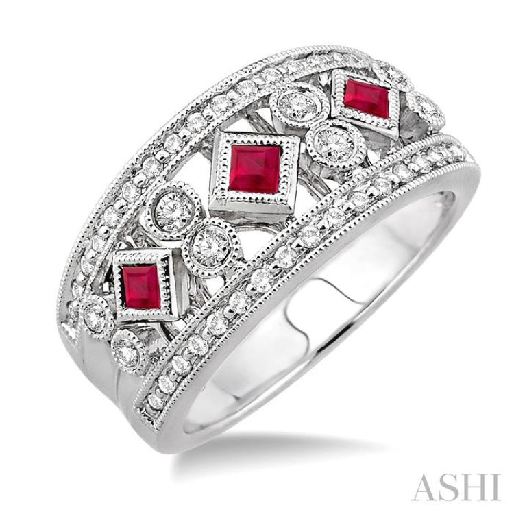 2.2 MM & 2.4 MM Princess Cut Ruby and 3/8 Ctw Round Cut Diamond Precious Fashion Band in 14K White Gold 2.2 MM & 2.4 MM Princess Cut Ruby and 3/8 Ctw Round Cut Diamond Precious Fashion Band in 14K White Gold