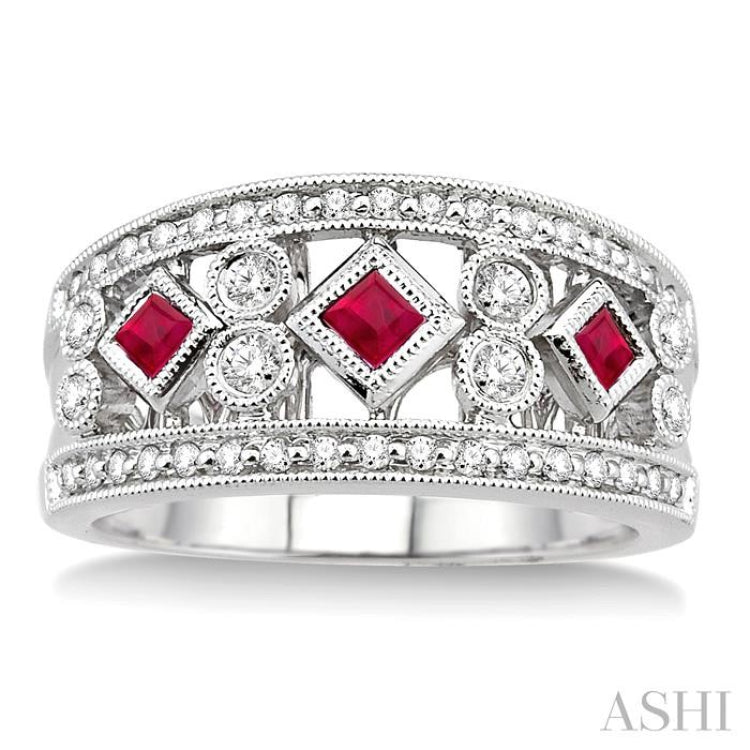 2.2 MM & 2.4 MM Princess Cut Ruby and 3/8 Ctw Round Cut Diamond Precious Fashion Band in 14K White Gold 2.2 MM & 2.4 MM Princess Cut Ruby and 3/8 Ctw Round Cut Diamond Precious Fashion Band in 14K White Gold