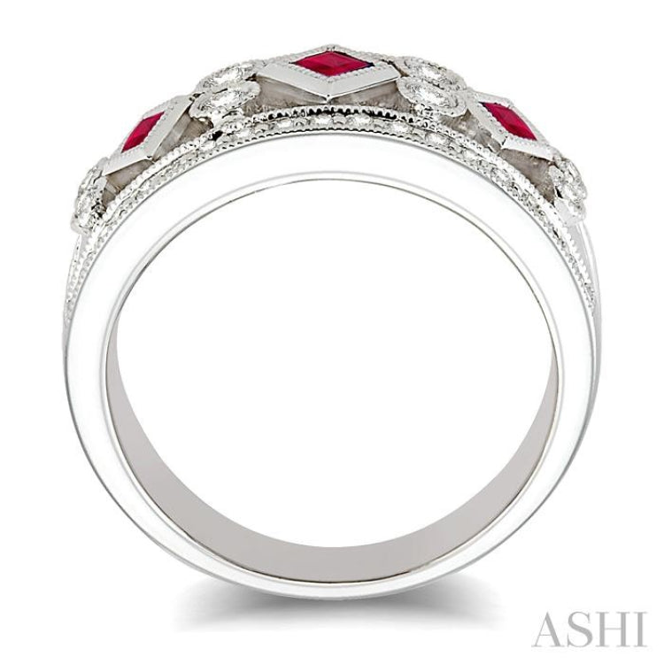 2.2 MM & 2.4 MM Princess Cut Ruby and 3/8 Ctw Round Cut Diamond Precious Fashion Band in 14K White Gold 2.2 MM & 2.4 MM Princess Cut Ruby and 3/8 Ctw Round Cut Diamond Precious Fashion Band in 14K White Gold