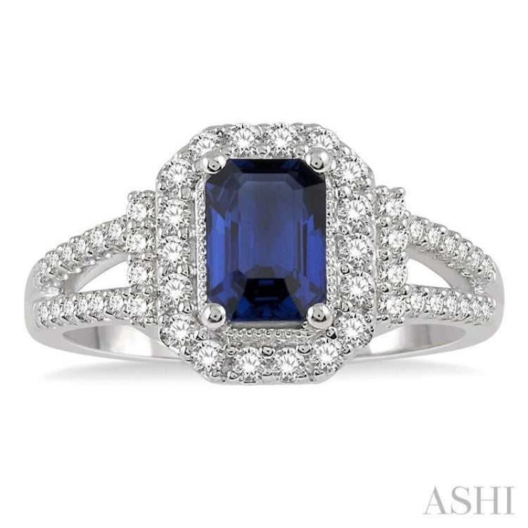 7x5 MM Emerald Shape Sapphire and 1/2 Ctw Round Cut Diamond Precious Ring in 14K White Gold 7x5 MM Emerald Shape Sapphire and 1/2 Ctw Round Cut Diamond Precious Ring in 14K White Gold
